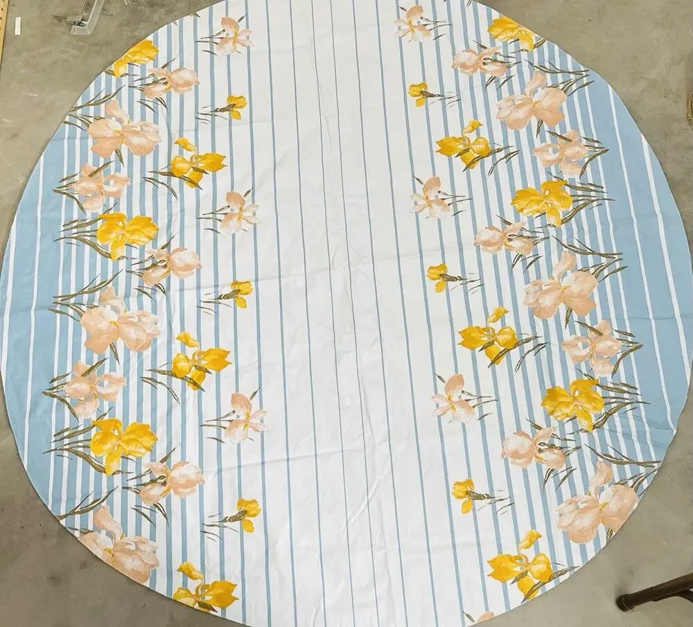 Vinyl Flannel Back Tablecloth Round IRIS FLOWER Yellow Pink Blue Stripes Vintage